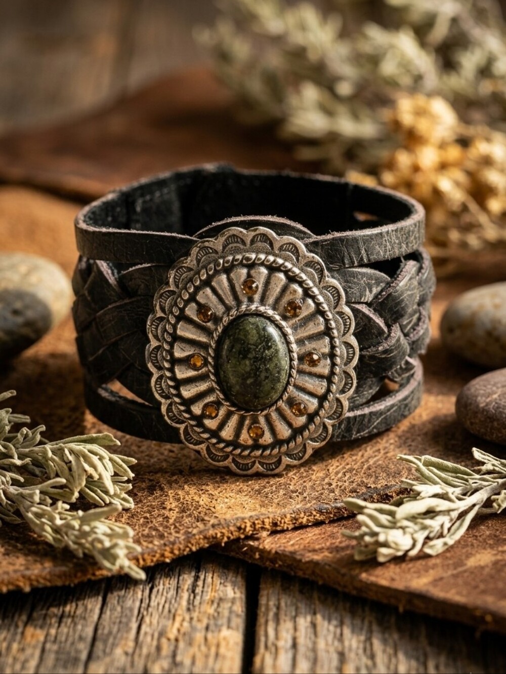 Leatherock USA Black Leather Concho Cuff Bracelet Stone Crystal Western 8.25"